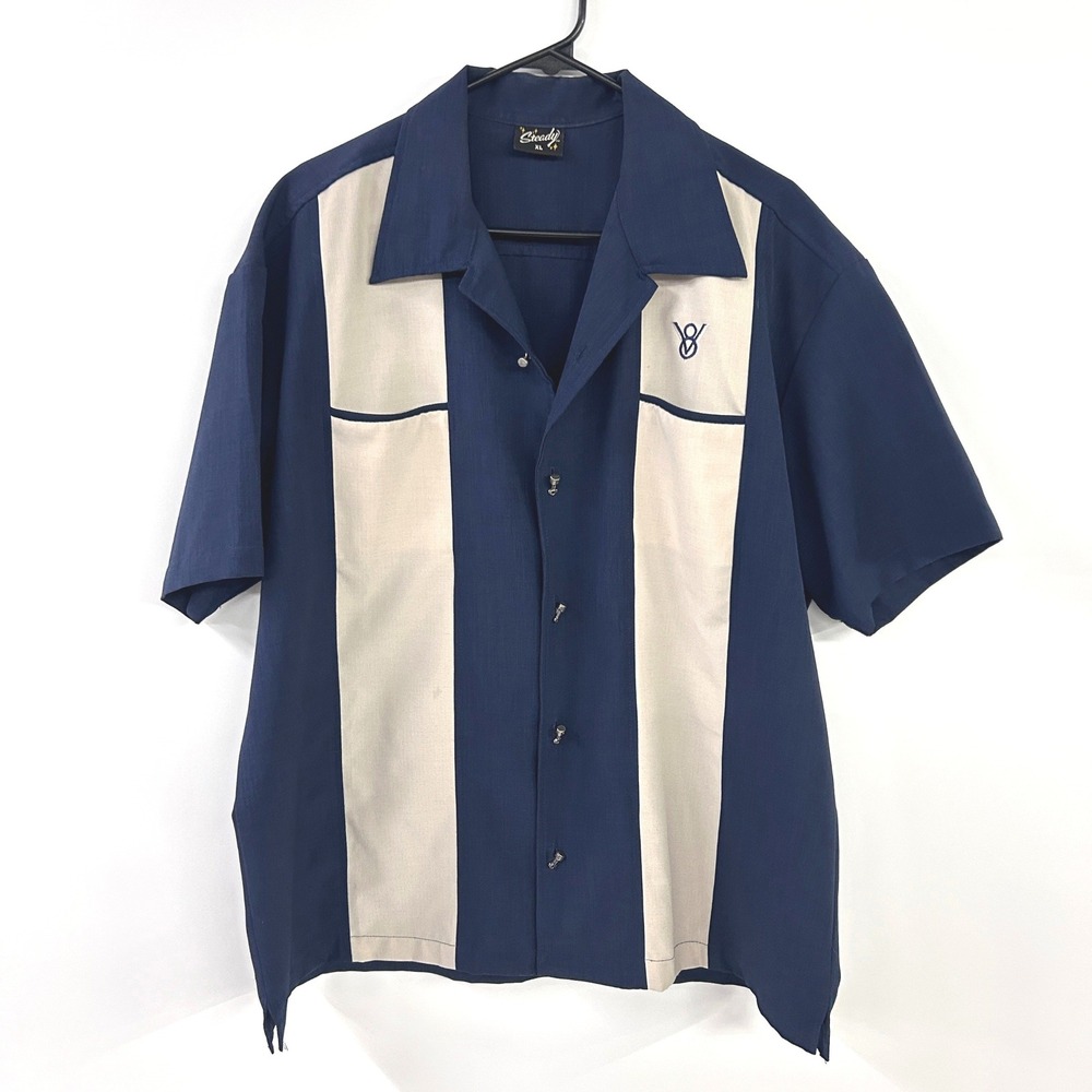 Steady Clothing V8 Bowling Shirt XL Blue Cream Rockabilly Hot Rod Piston Buttons